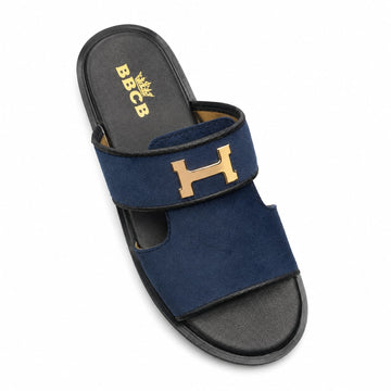 BBCB Premium Men’s Double Strap Slide Sandals – Navy Blue & Brown