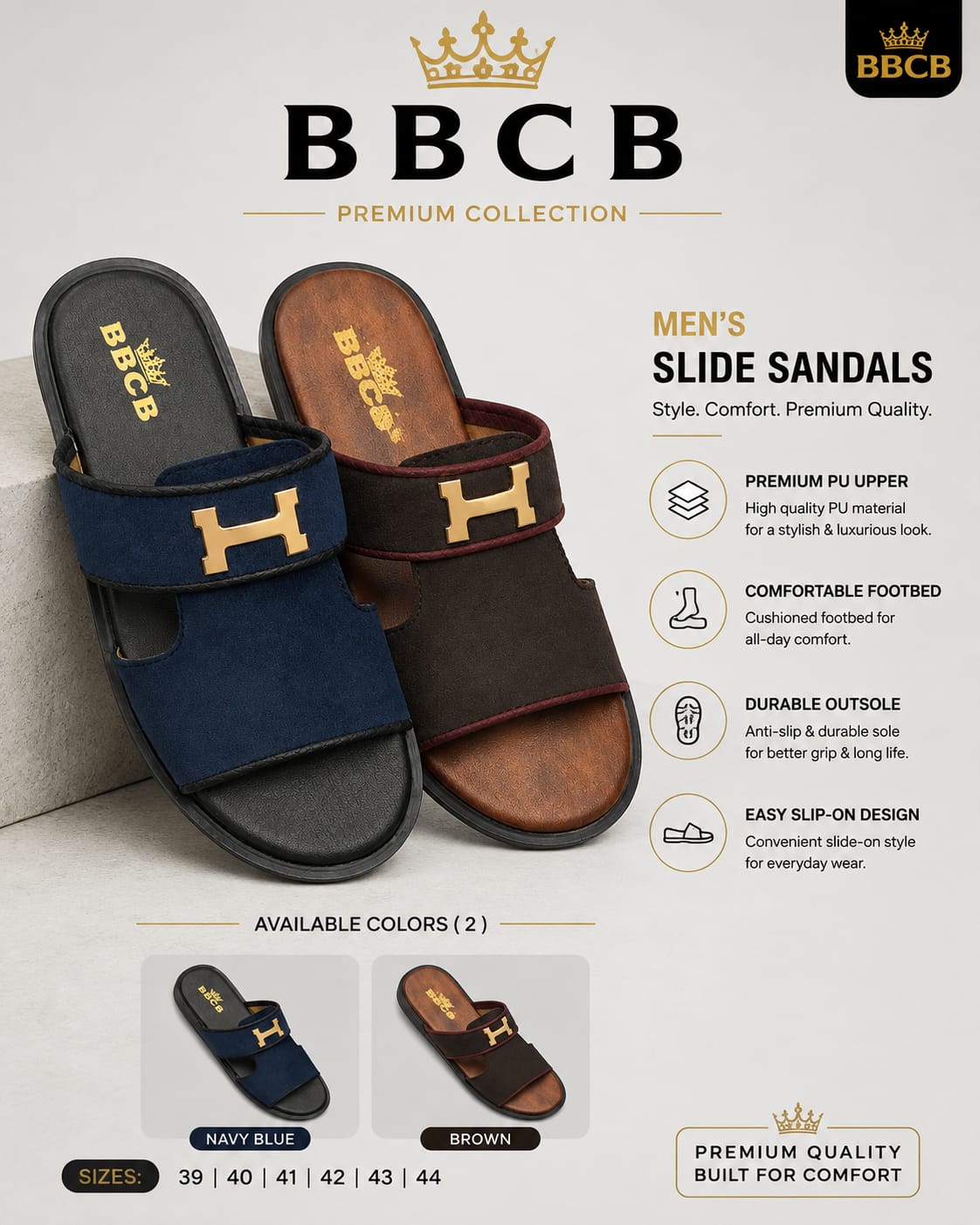 BBCB Premium Men’s Double Strap Slide Sandals – Navy Blue & Brown