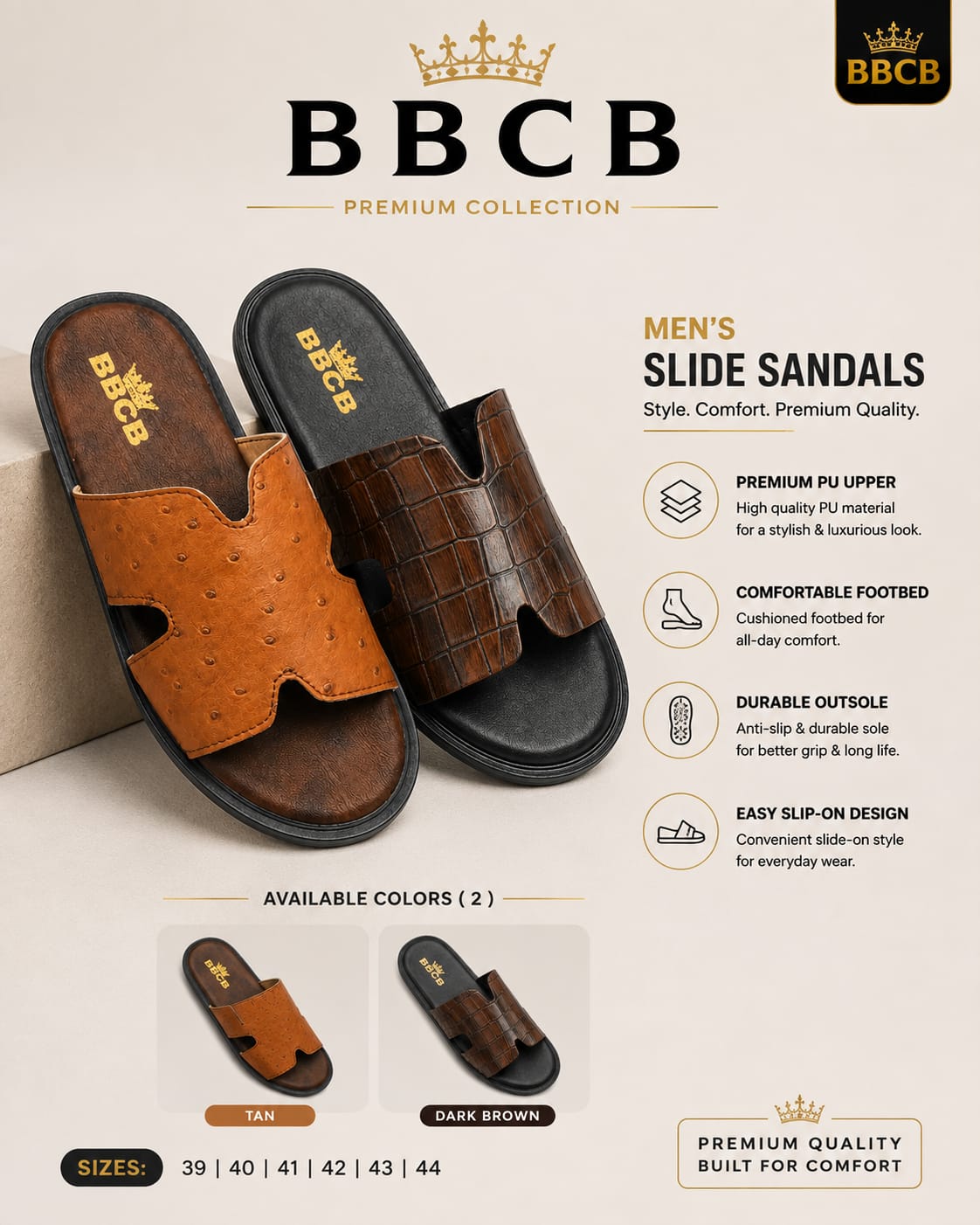 BBCB Premium Men’s H-Style Slide Sandals – Tan & Dark Brown