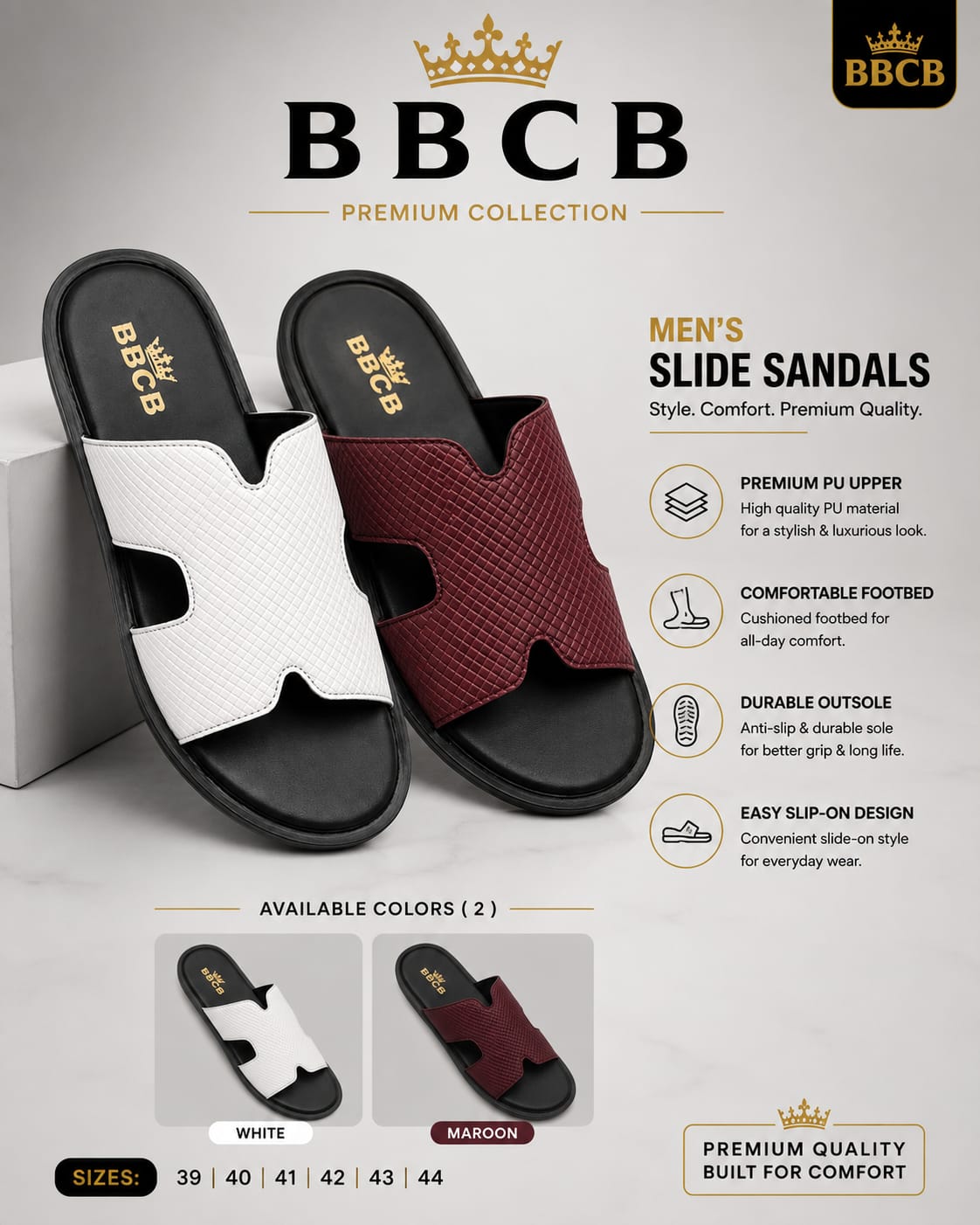 BBCB Premium Men’s H-Style Slide Sandals – White & Maroon