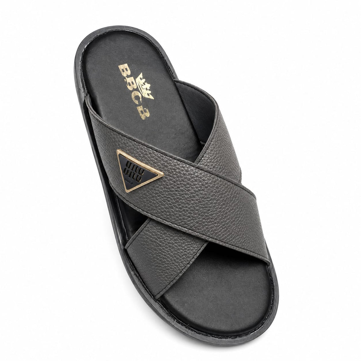 BBCB Premium Men's Cross Strap Slide Sandals – Textured PU Leather | Soft Cushion Footbed | Brown