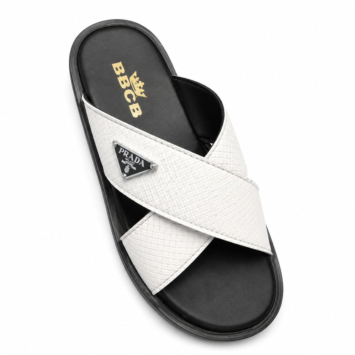 BBCB Premium Men's Cross Strap Slide Sandals – Textured PU Leather | Soft Cushion Footbed | Brown