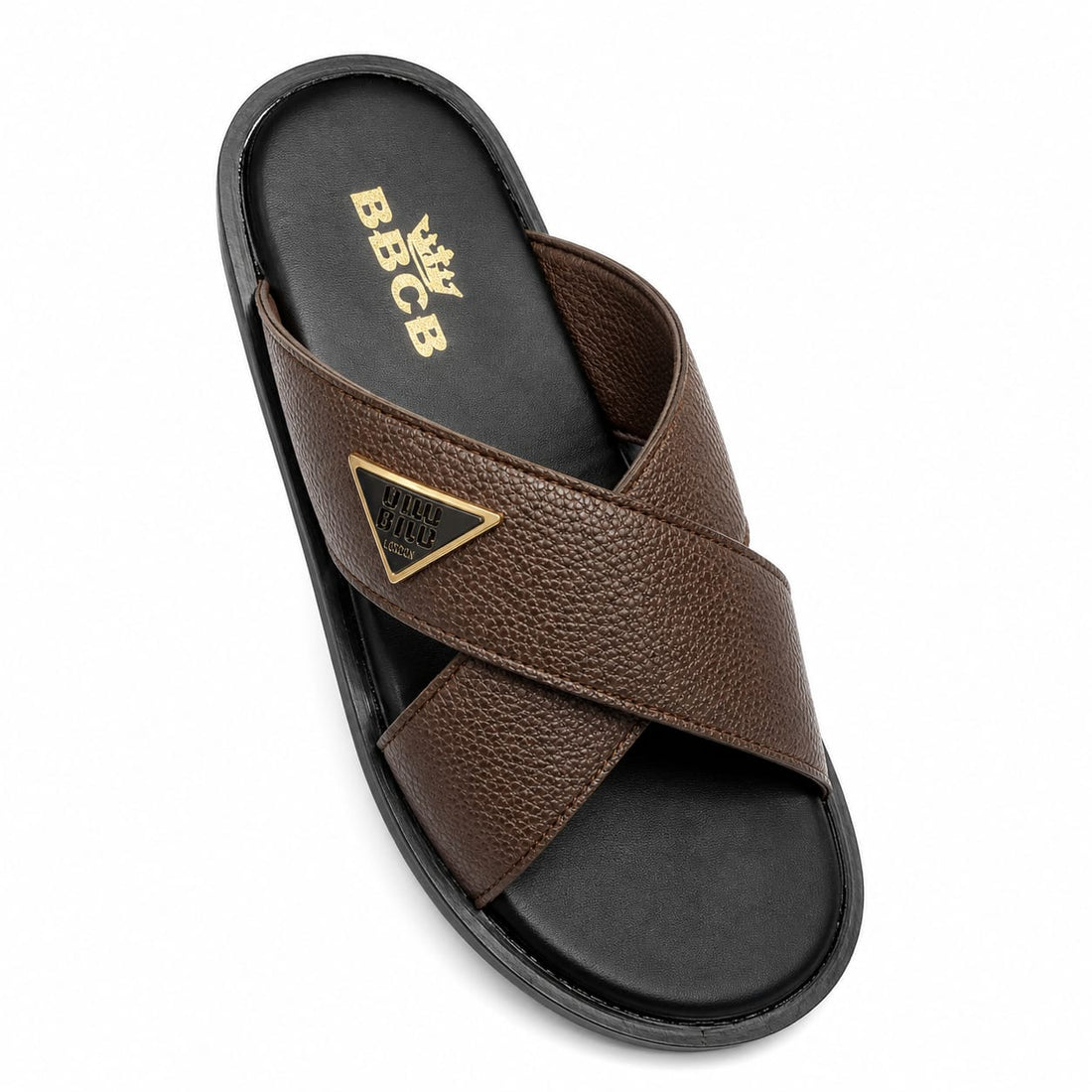 BBCB Premium Men's Cross Strap Slide Sandals – Textured PU Leather | Soft Cushion Footbed | Brown