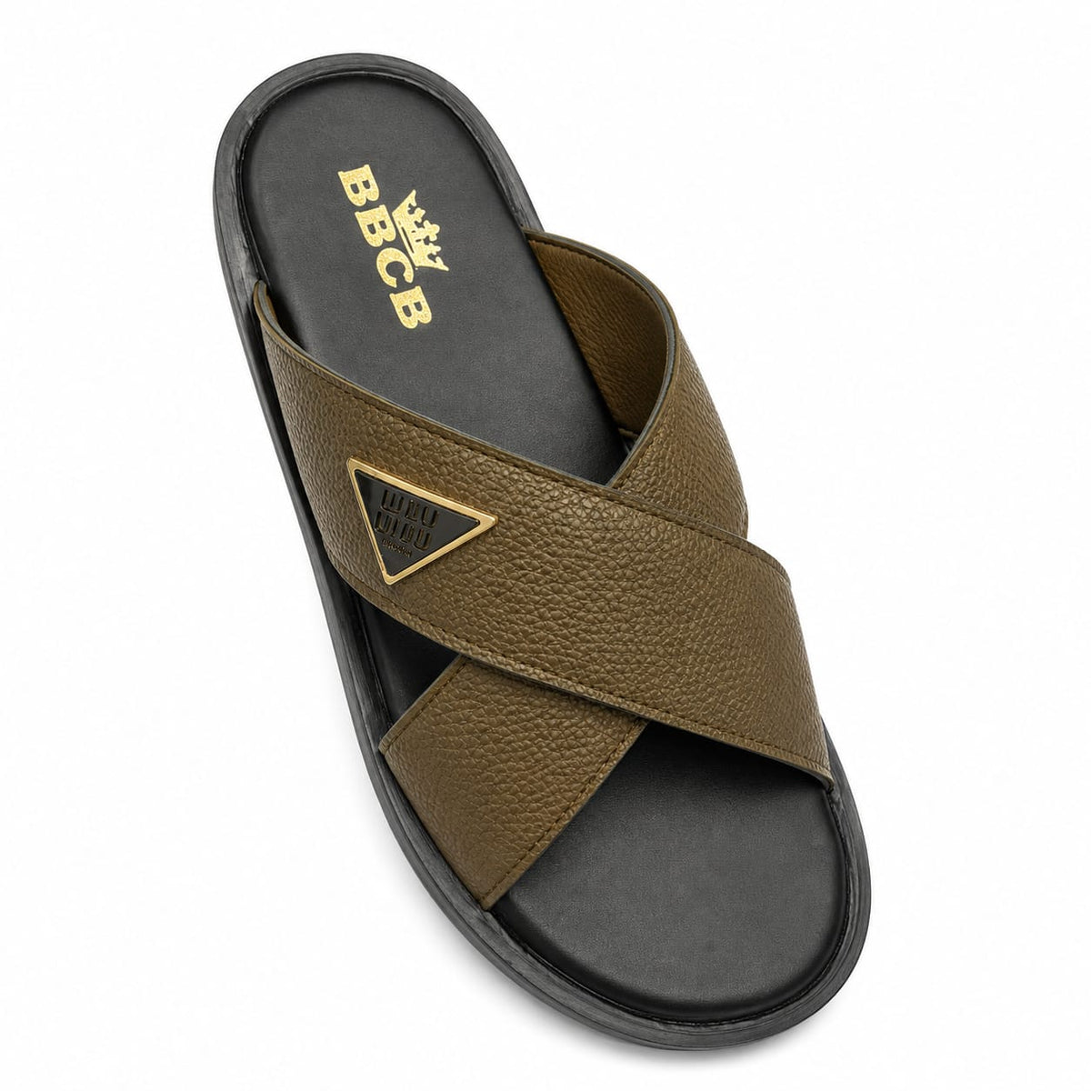 BBCB Premium Men's Cross Strap Slide Sandals – Textured PU Leather | Soft Cushion Footbed | Brown