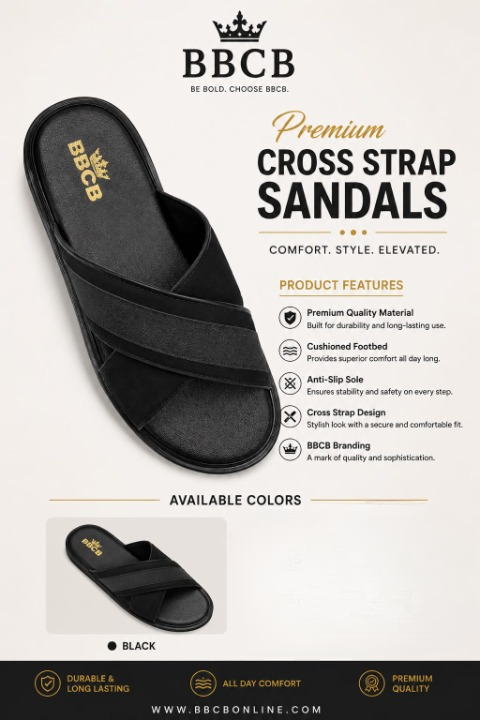 BBCB Premium Black Cross Strap Sandals for Men – Comfort & Anti-Slip Sole