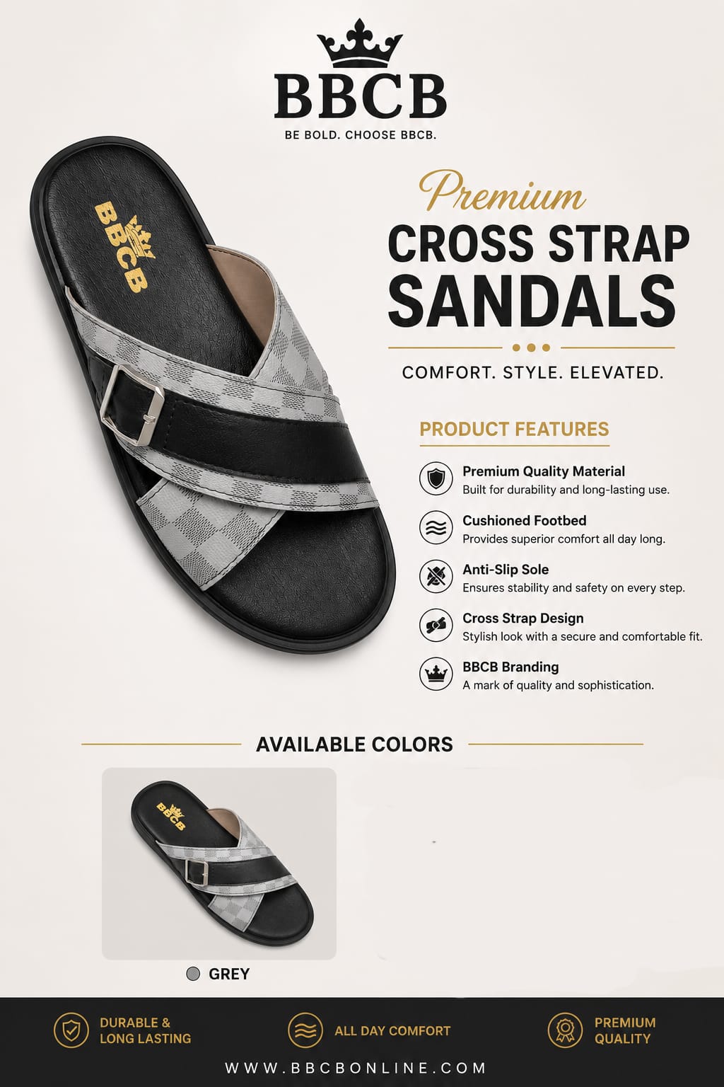 BBCB Premium Grey Cross Strap Sandals for Men – Luxury Style & All-Day Comfort
