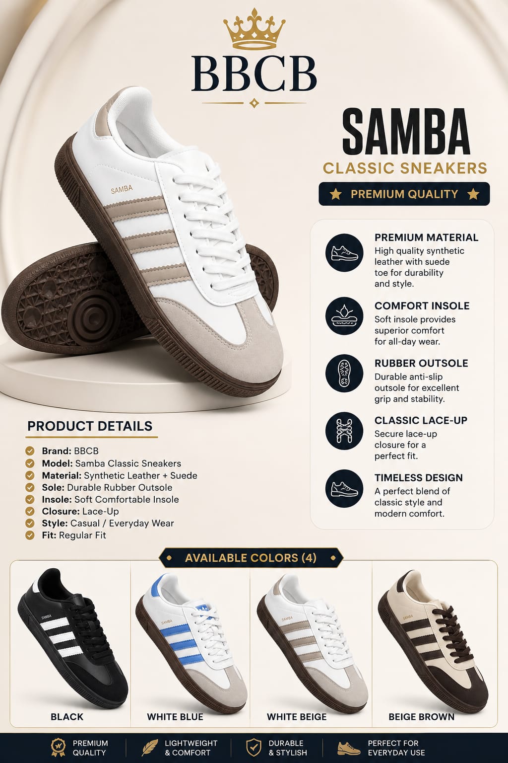 BBCB Samba Classic Sneakers for Men – Premium Casual Sneakers | 4 Colors