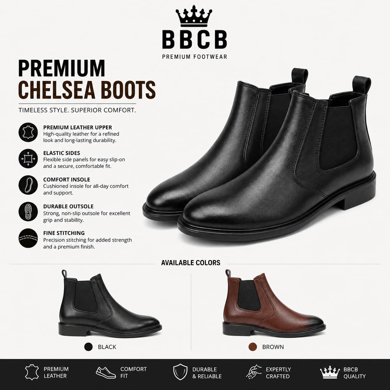 BBCB Premium Chelsea Boots for Men – Leather Finish, Comfort Fit & Durable Sole
