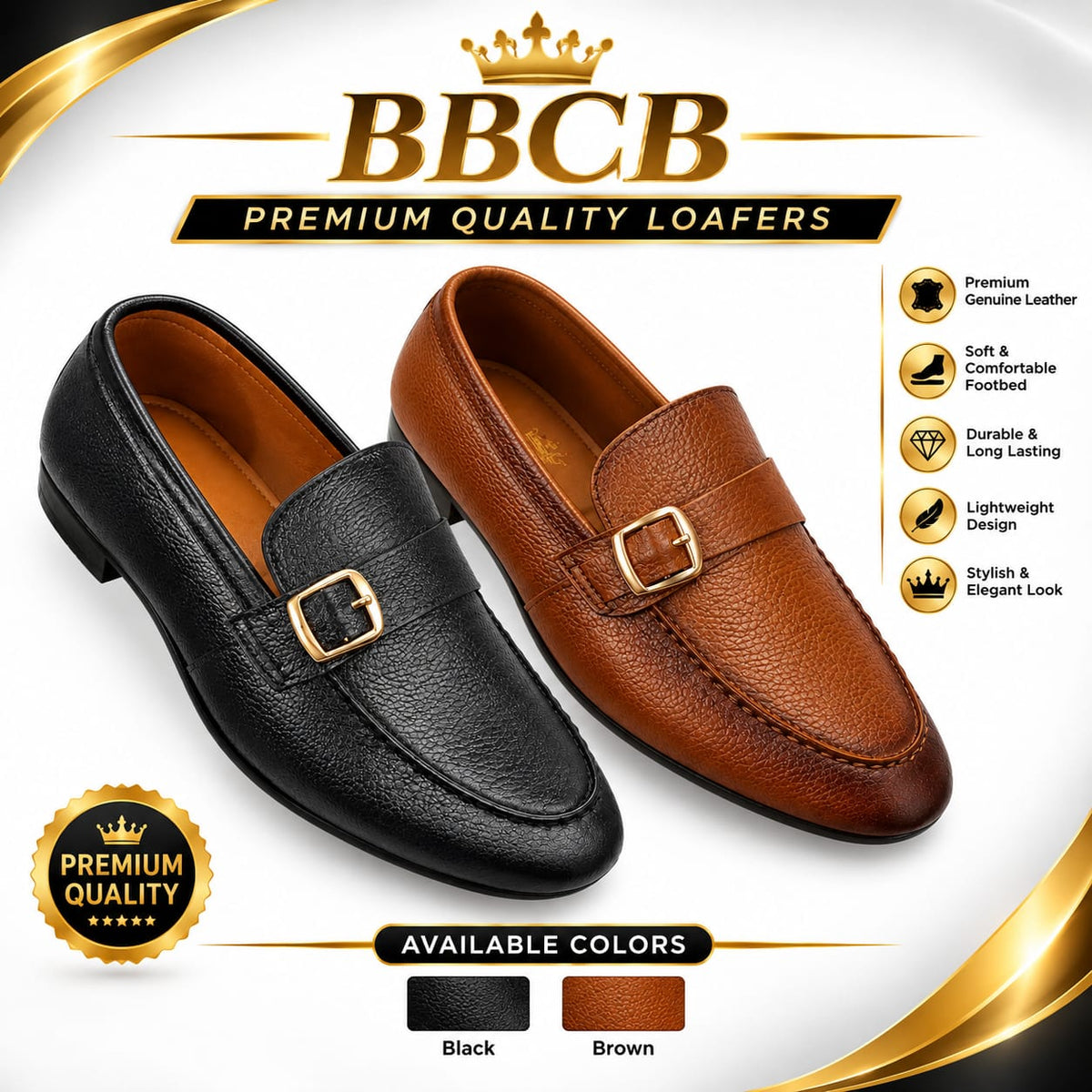 BBCB Premium Genuine Leather Loafers for Men – Luxury Buckle Design, Soft Comfort Footbed & Elegant Formal Style