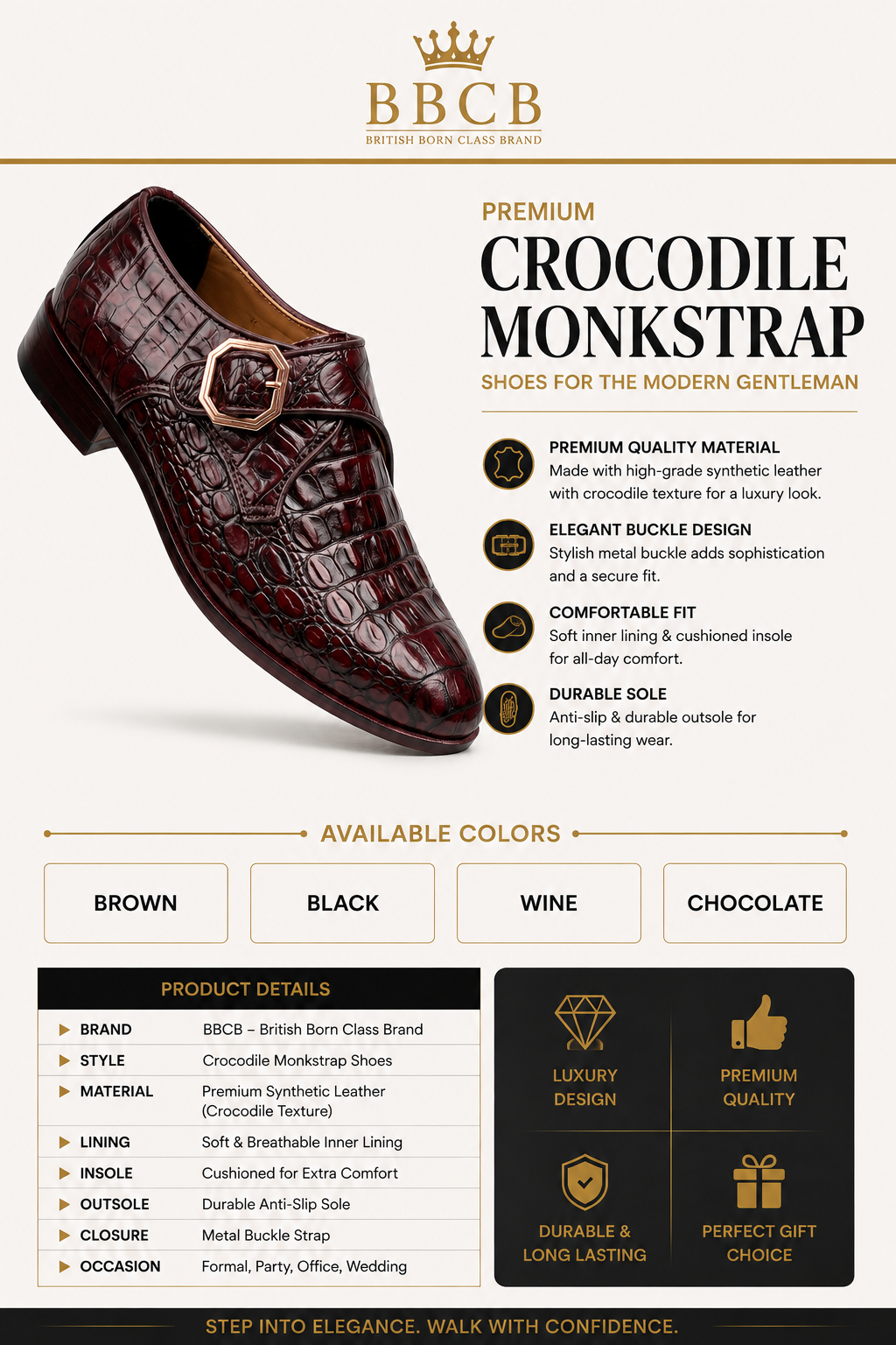 Premium Crocodile Monk Strap Formal Shoes for Men | BBCB Luxury Buckle Dress Shoes