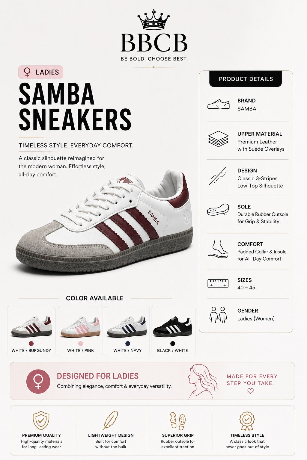 Ladies Samba Sneakers – Premium Leather Casual Shoes | BBCB