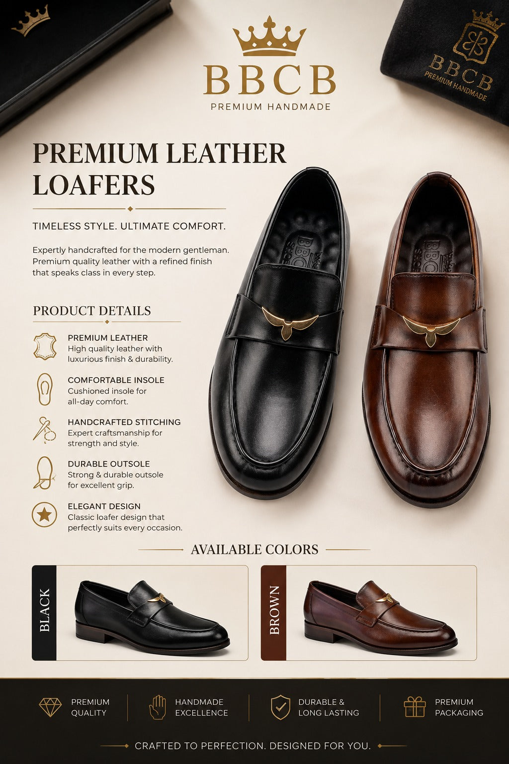 BBCB Premium Handmade Leather Loafers – Classic Luxury Penny Loafers for Men | Black & Brown