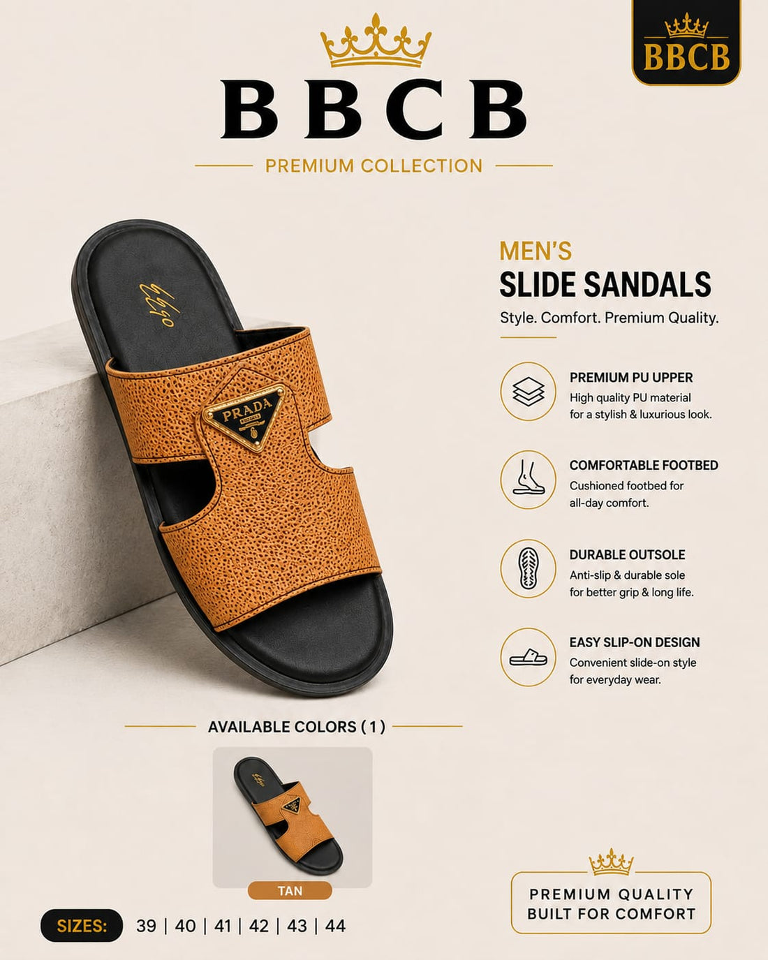 BBCB Premium Men’s Textured Slide Sandals – Tan