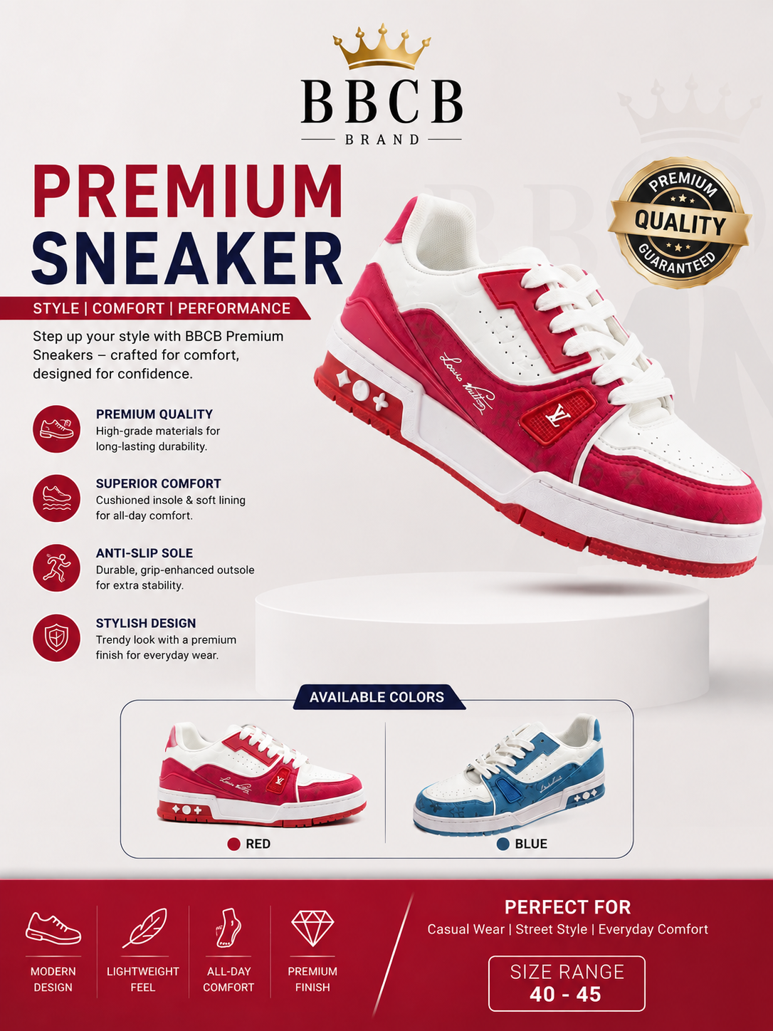 BBCB Premium Sneakers for Men | Stylish Casual & Streetwear Shoes | Red & Blue