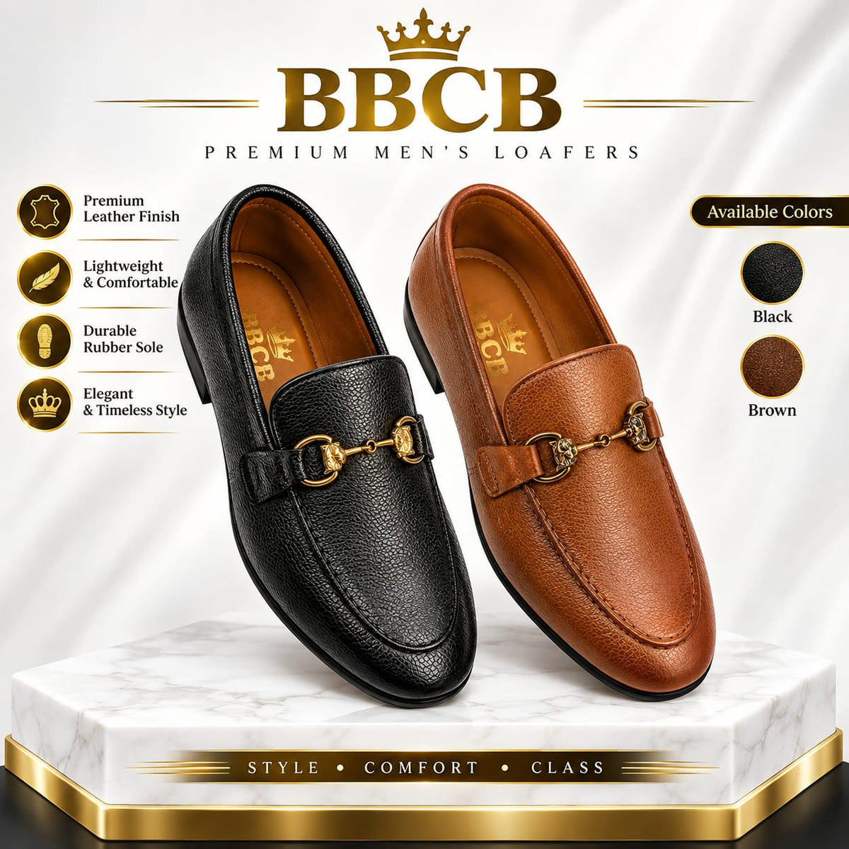 BBCB Premium Men's Loafers – Luxury Leather Finish, Elegant Horsebit Buckle Design & Lightweight Comfort