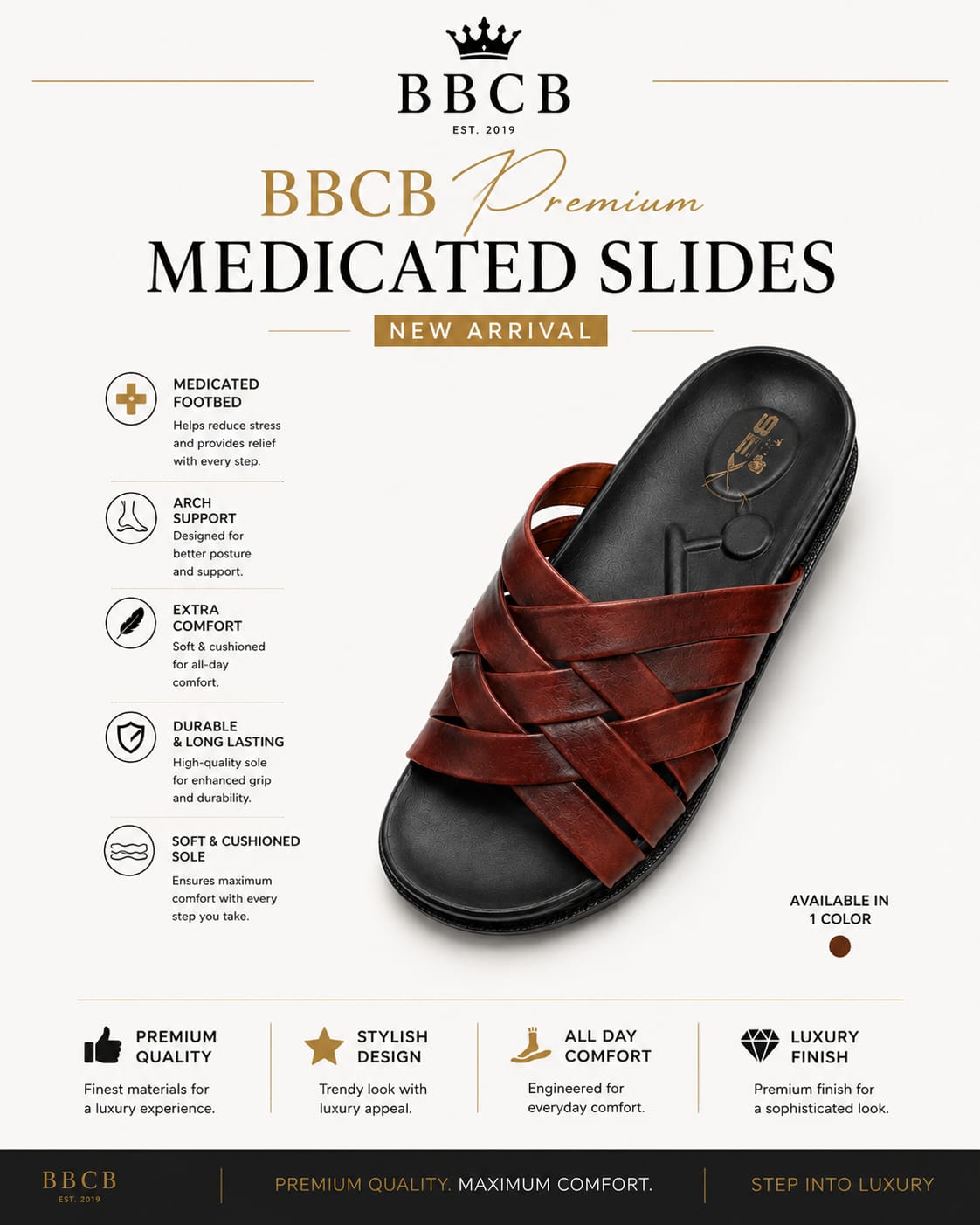 BBCB Premium Medicated Slides – Comfort Footbed, Arch Support & Luxury Finish