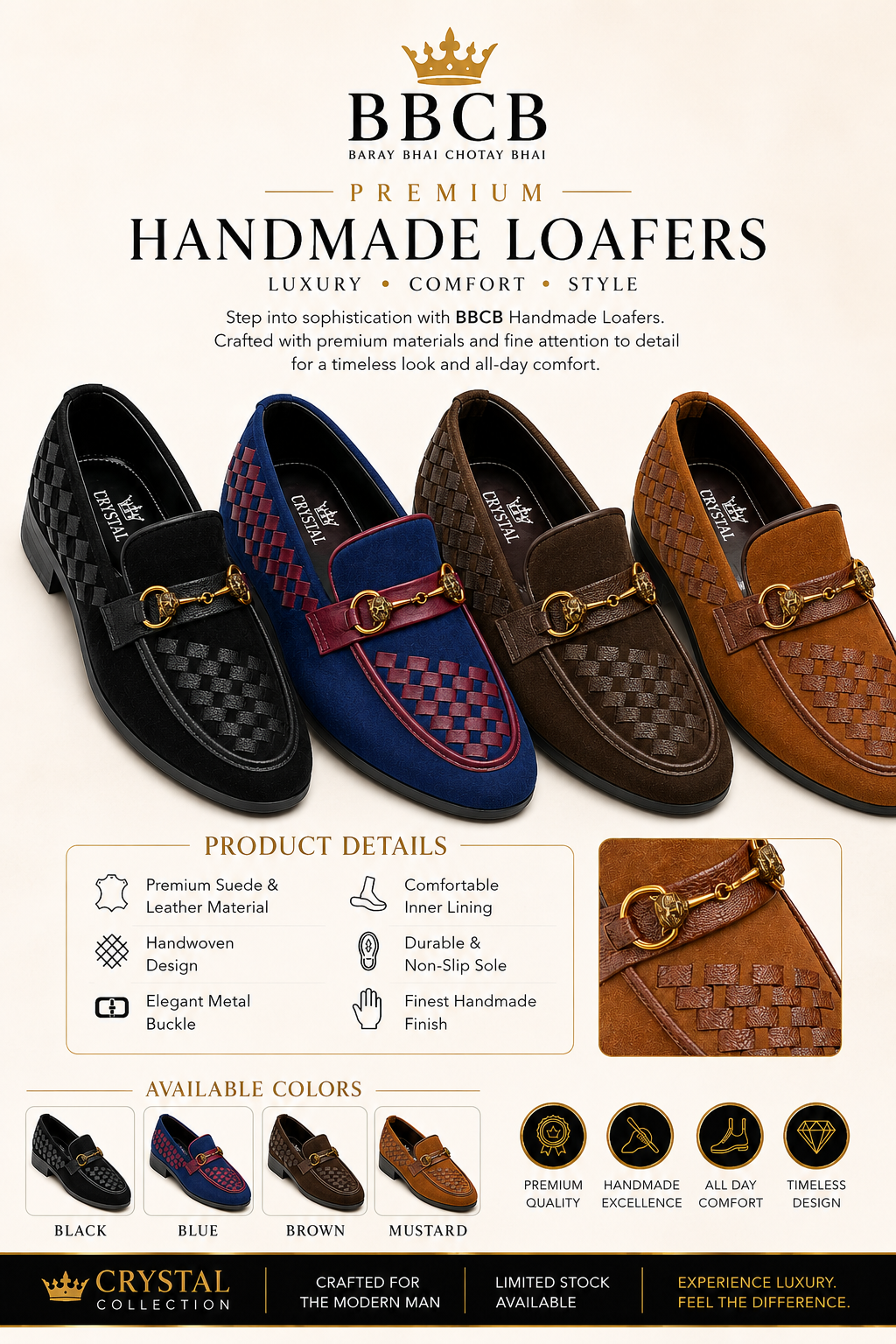 BBCB Crystal Collection Premium Handmade Leather Loafers | Luxury Woven Design & Gold Buckle