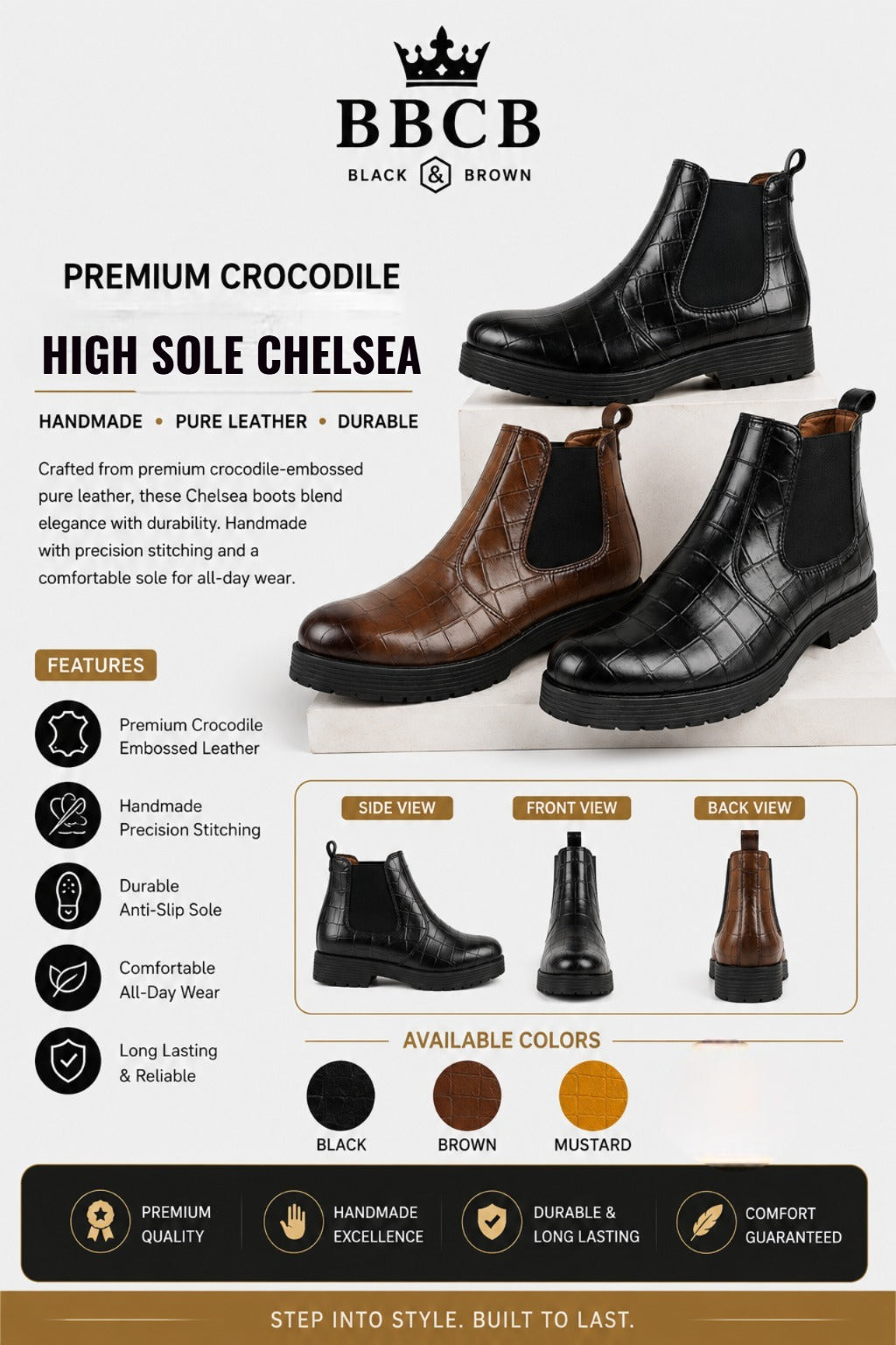 BBCB Premium Crocodile Embossed Leather Chelsea Boots – Handmade
