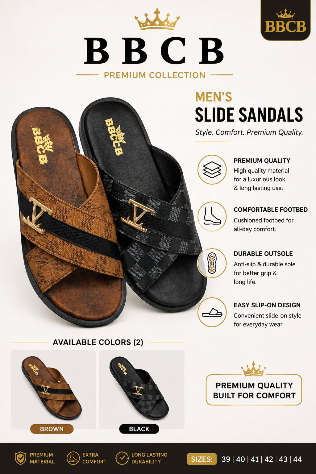 BBCB Premium Men’s Cross Strap Slide Sandals – Black & Brown