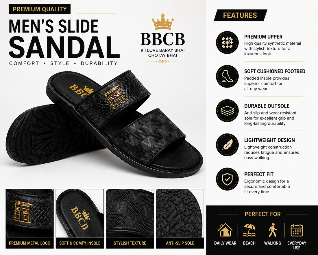 BBCB Premium Double Strap Slide Sandals for Men – Luxury Cushioned Slip-On Casual Slippers (Black)
