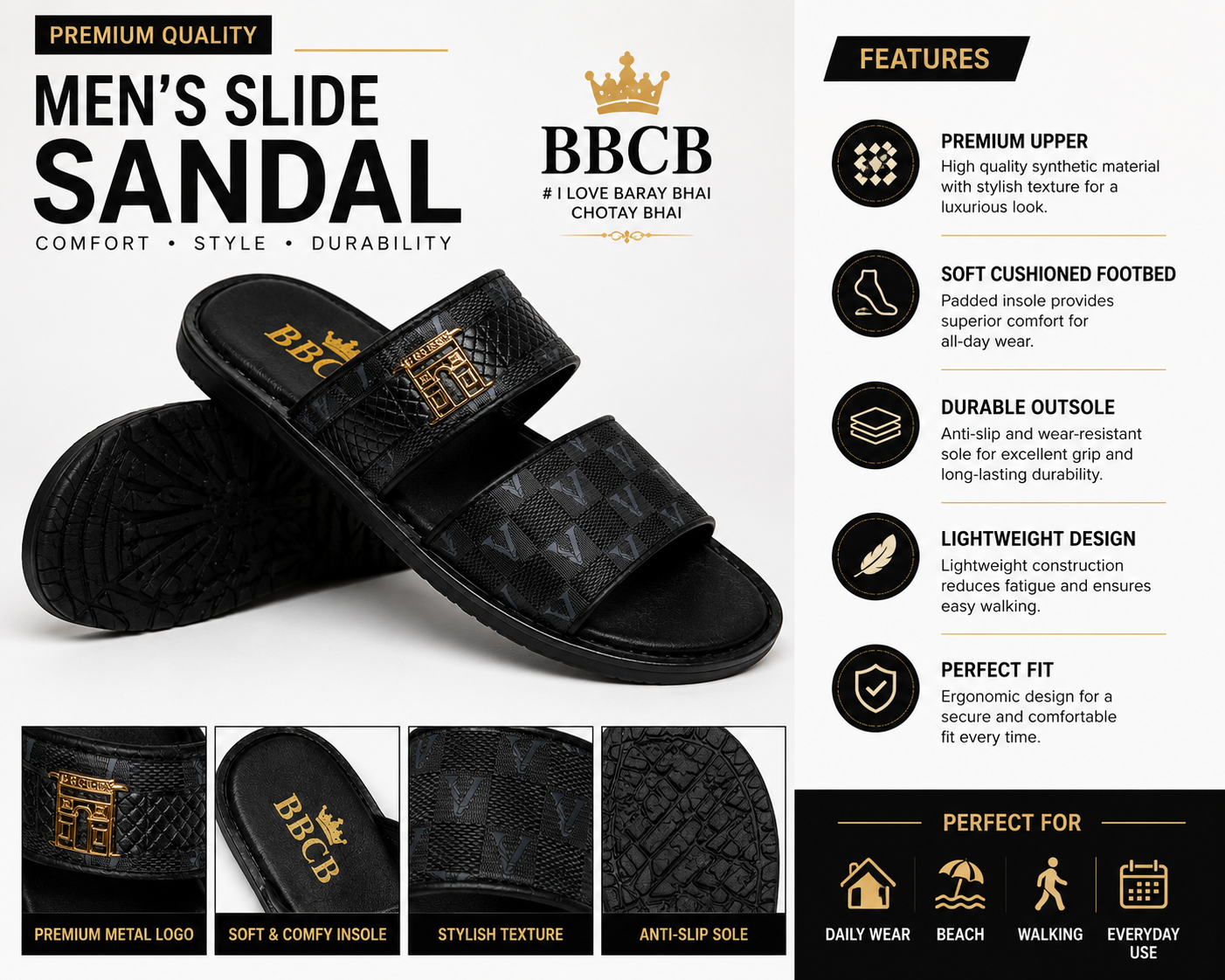 BBCB Premium Double Strap Slide Sandals for Men – Luxury Cushioned Slip-On Casual Slippers (Black)
