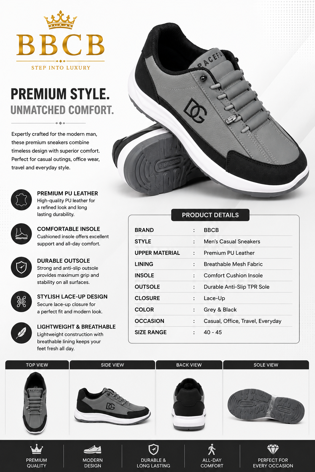 BBCB Premium Grey & Black Casual Sneakers for Men | Lightweight Lace-Up Walking Shoes