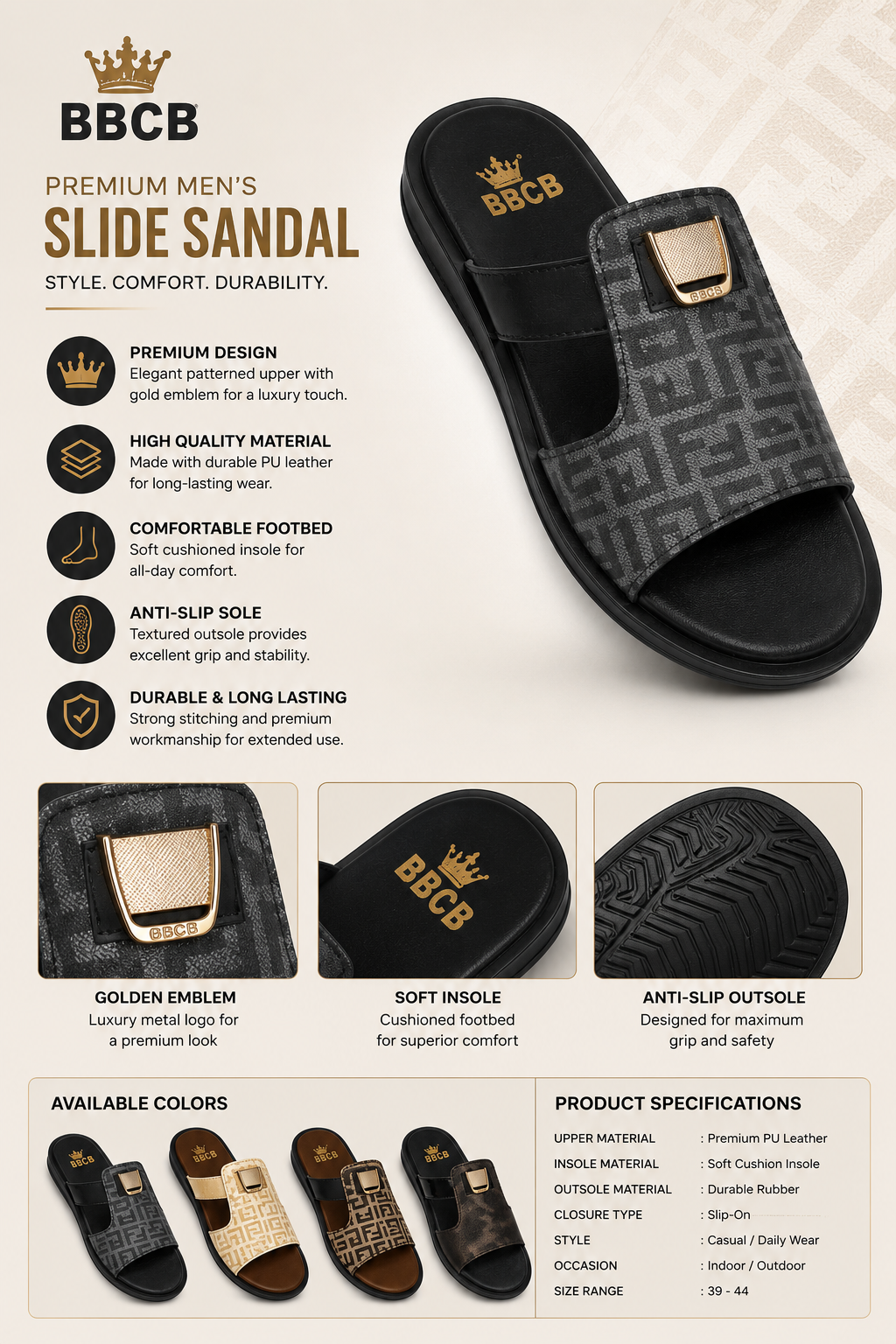BBCB Premium Luxe Buckle Comfort Slide Sandals – Black Edition