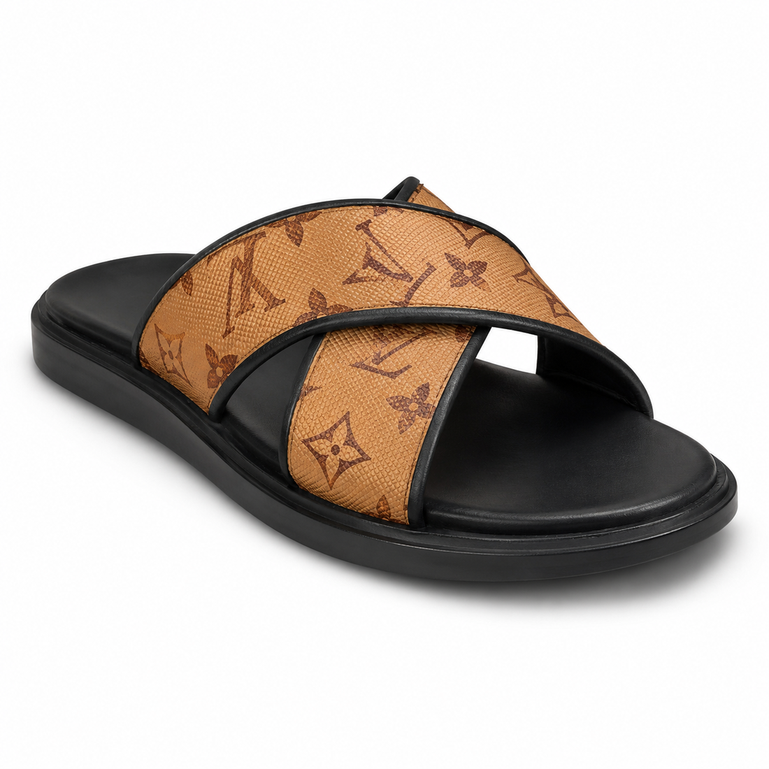 BBCB Premium Louis Vuitton Monogram Cross Strap Slide Sandals for Men | Cushioned Comfort | Anti-Slip Sole