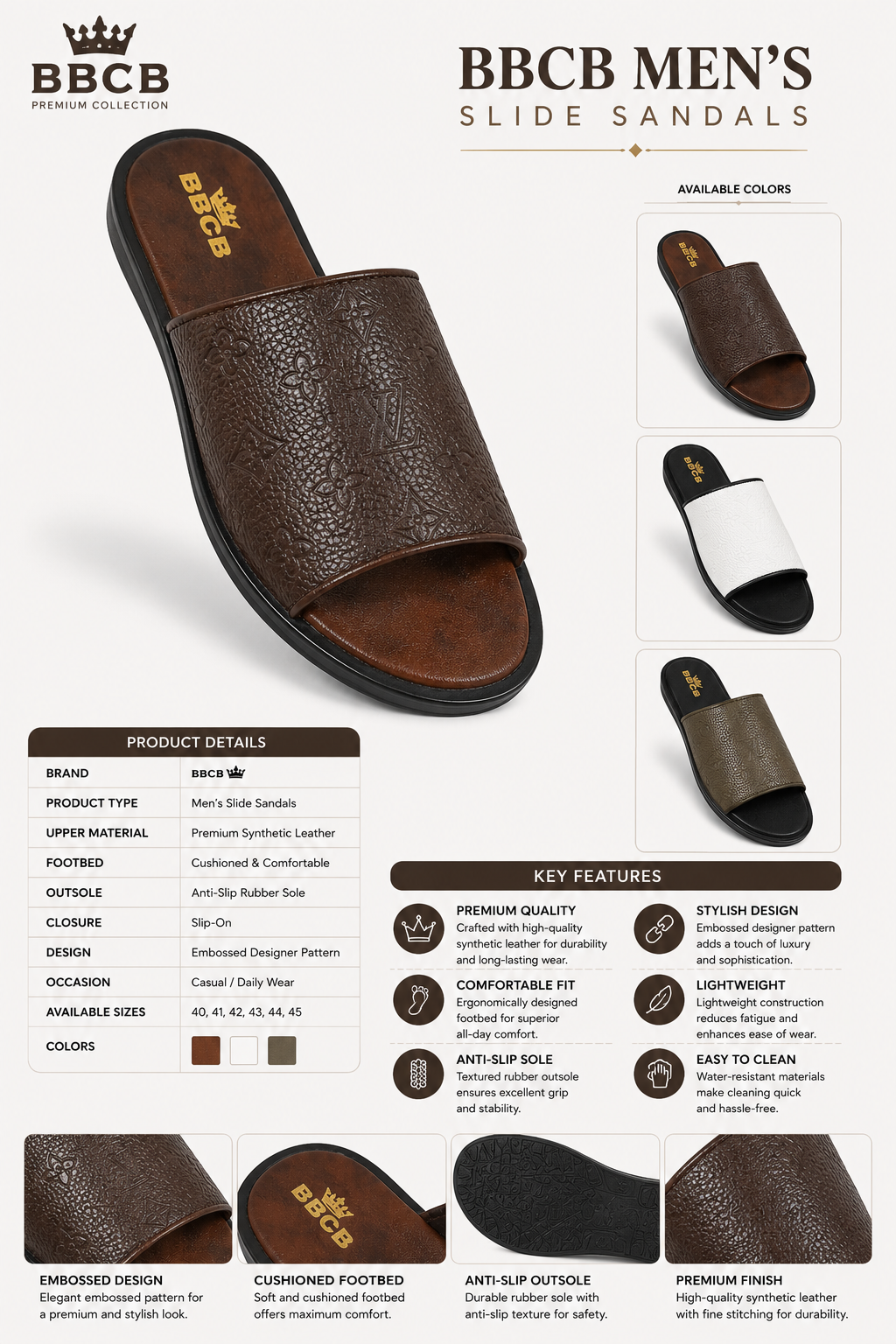 BBCB Men's Premium Slide Sandals – Embossed Comfort Slip-On Slippers | Brown, White & Olive