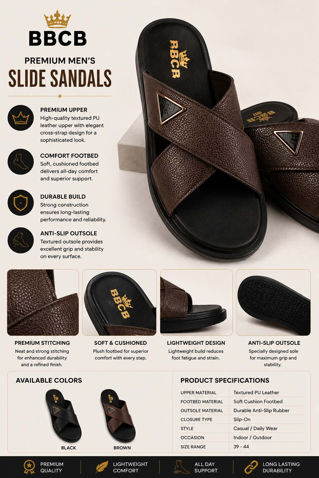 BBCB Premium Men's Cross Strap Slide Sandals – Textured PU Leather | Soft Cushion Footbed | Brown