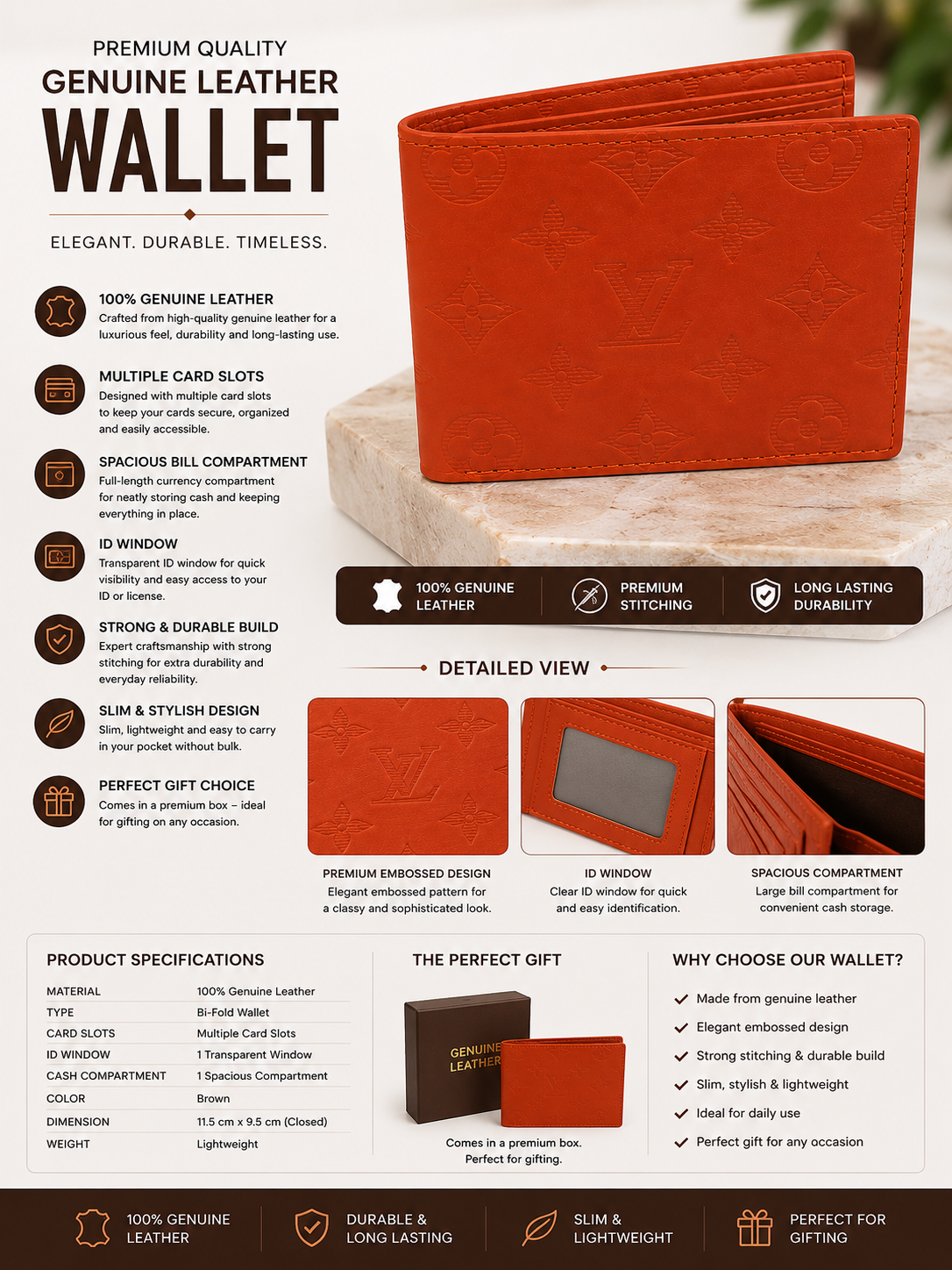 Premium Genuine Leather Orange Bi-Fold Wallet for Men – Luxury Embossed Slim Wallet with ID Window