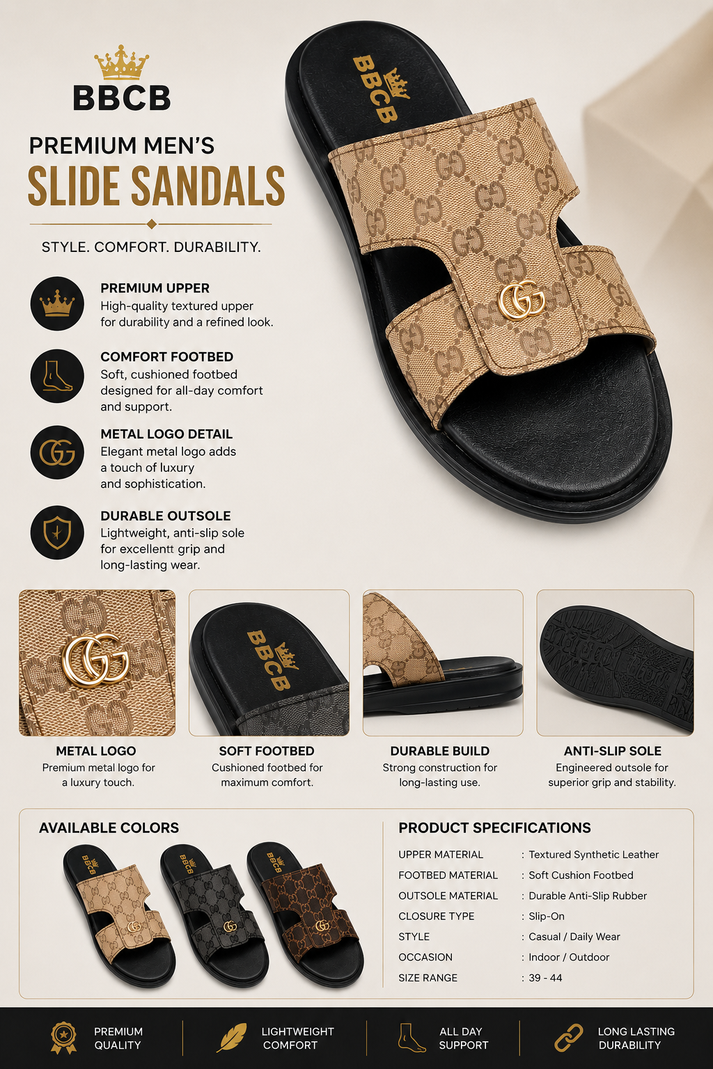 BBCB Premium Luxury Monogram Men's Slide Sandals | Soft Comfort Footbed | Anti-Slip Casual Slippers