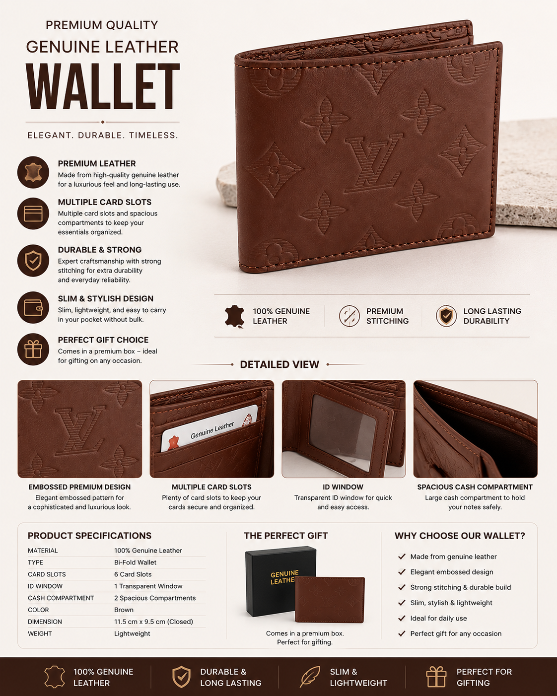 Premium Genuine Leather Bi-Fold Wallet for Men – Embossed Luxury Design | Multiple Card Slots