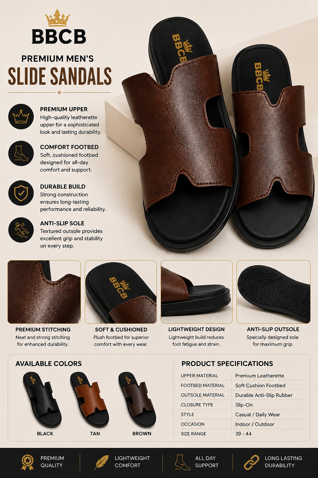 BBCB Premium Men's Slide Sandals – Soft Cushioned Comfort | Anti-Slip Sole | Brown