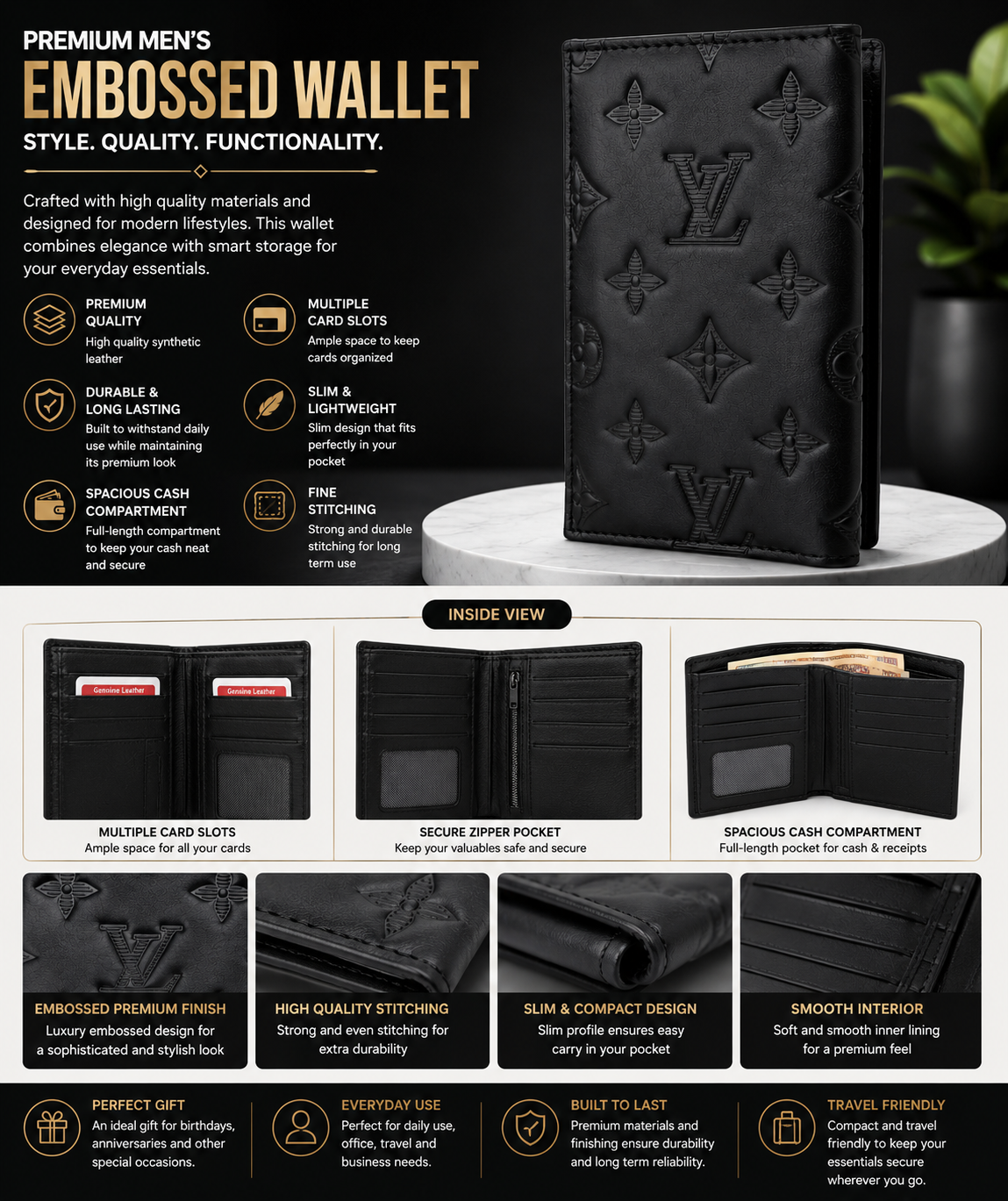 Premium Men's Embossed Long Wallet – Luxury Leather Wallet with Card Slots, ID Window & Zipper Pocket (Black)