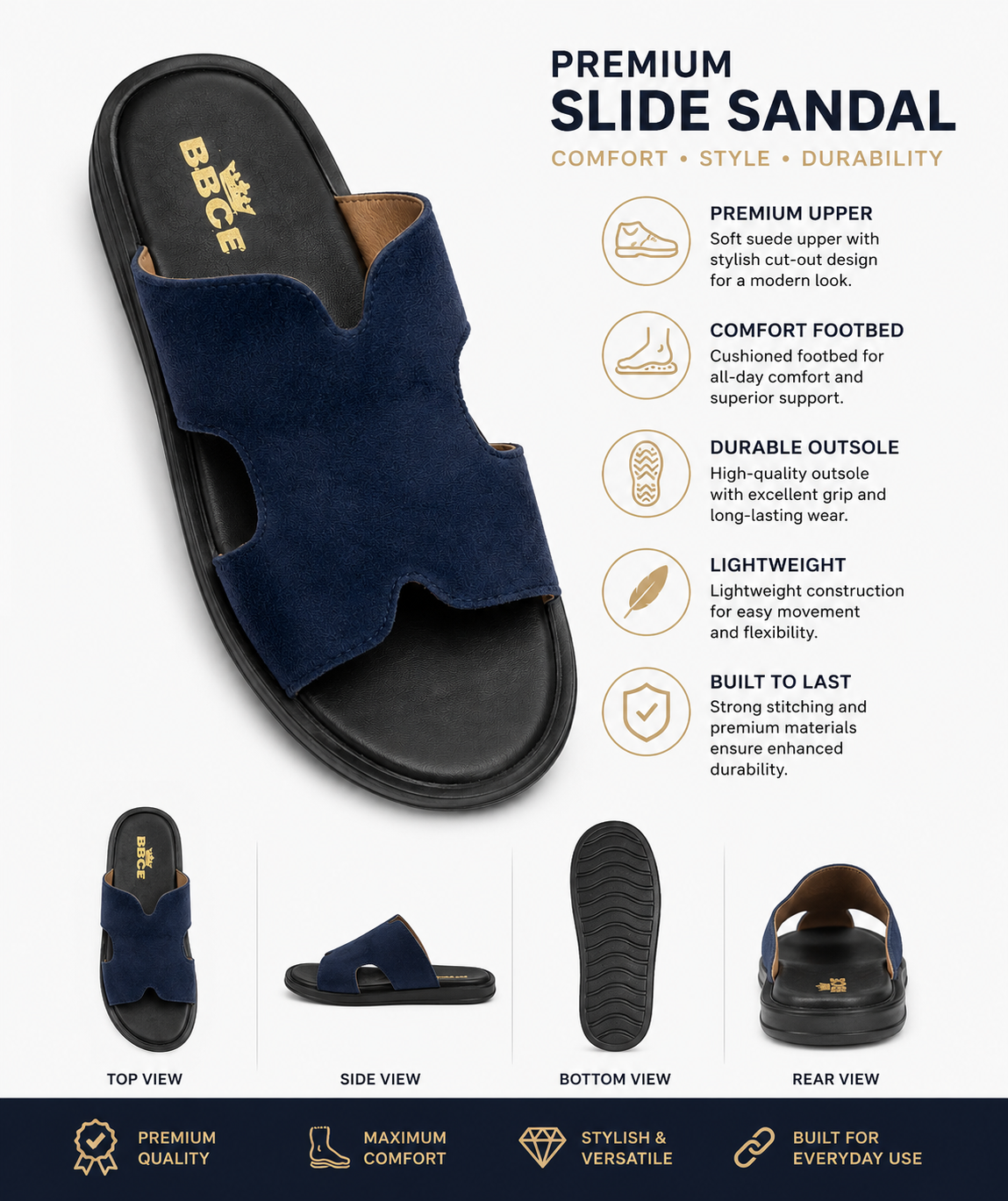 BBCB Premium Suede Comfort Slide Sandals for Men – Soft Footbed | Brown, Black & Navy Blue
