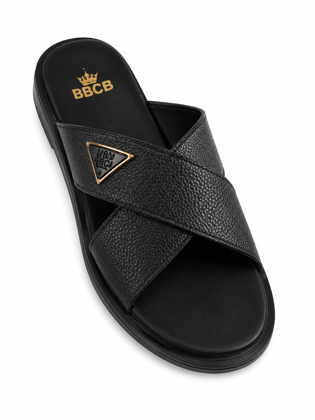 BBCB Premium Men's Cross Strap Slide Sandals – Textured PU Leather | Soft Cushion Footbed | Brown