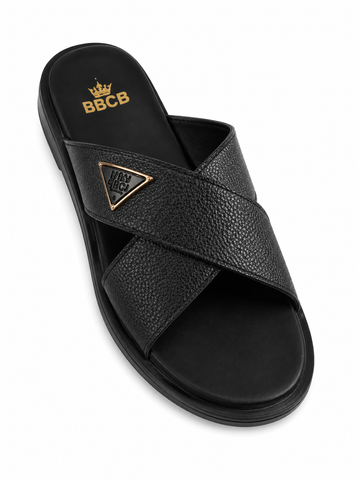 BBCB Premium Men's Cross Strap Slide Sandals – Textured PU Leather | Soft Cushion Footbed | Brown