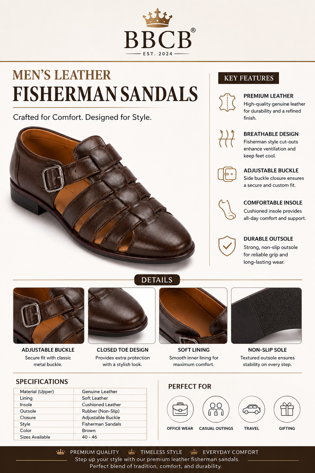 BBCB Premium Brown Roman Shoes for Men | Classic Buckle Comfort Shoes
