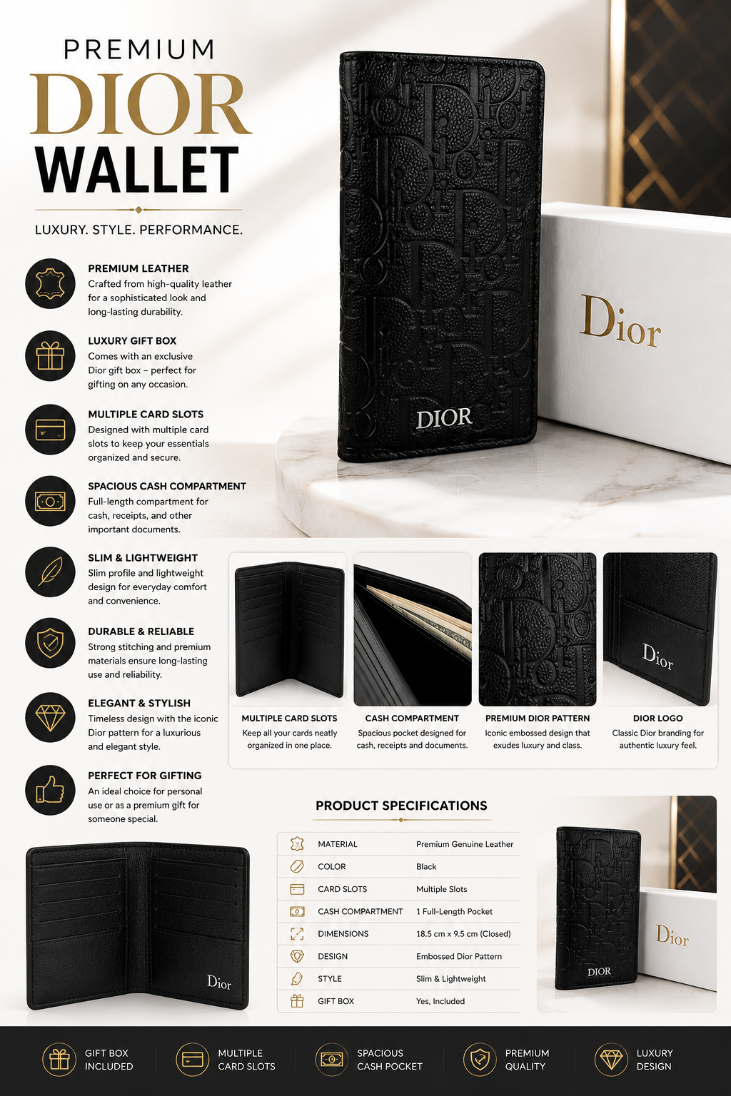 Dior Premium Genuine Leather Long Wallet for Men – Luxury Slim Bi-Fold Card Holder with Gift Box (Black)