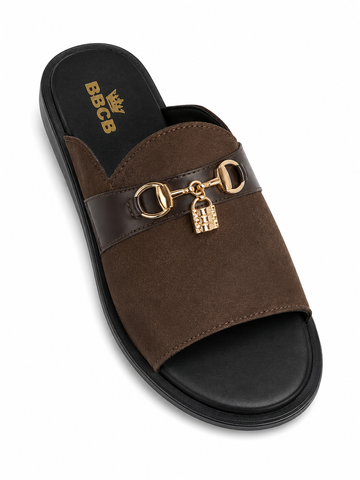 BBCB Premium Men's Suede Slide Sandals – Luxury Gold Buckle | Soft Cushion Footbed | Brown