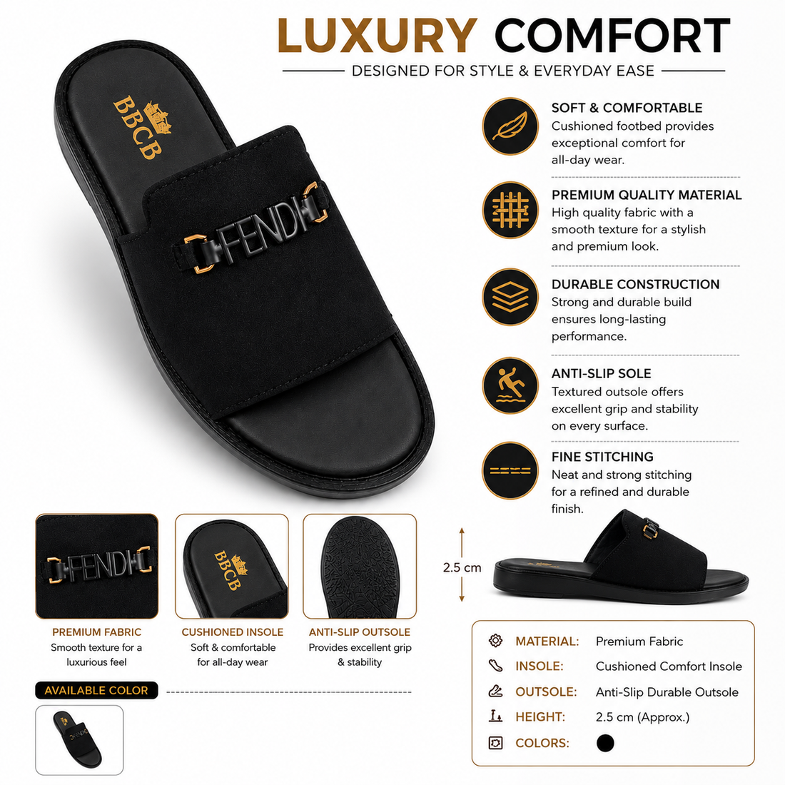 BBCB Premium Fabric Slide Sandals for Men – Luxury Cushioned Slip-On Casual Slippers (Black)
