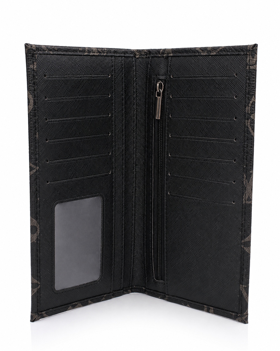 Premium Men's Long Wallet – Luxury Monogram Leather Wallet with Card Slots, ID Window & Zipper Pocket (Black)