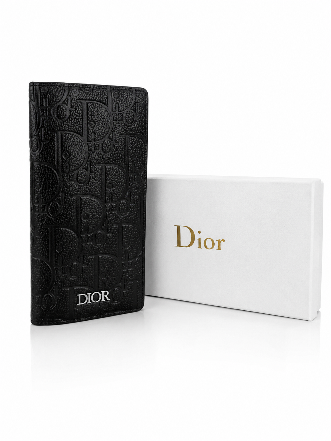 Dior Premium Genuine Leather Long Wallet for Men – Luxury Slim Bi-Fold Card Holder with Gift Box (Black)