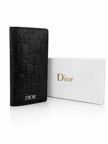 Dior Premium Genuine Leather Long Wallet for Men – Luxury Slim Bi-Fold Card Holder with Gift Box (Black)