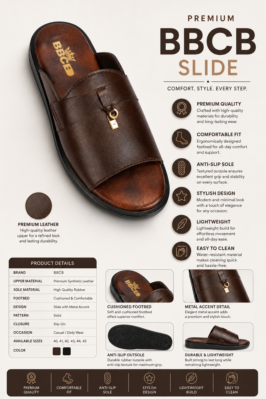 BBCB Premium Leather KeyLock Comfort Slide Sandals for Men – Lightweight Anti-Slip Casual Slippers