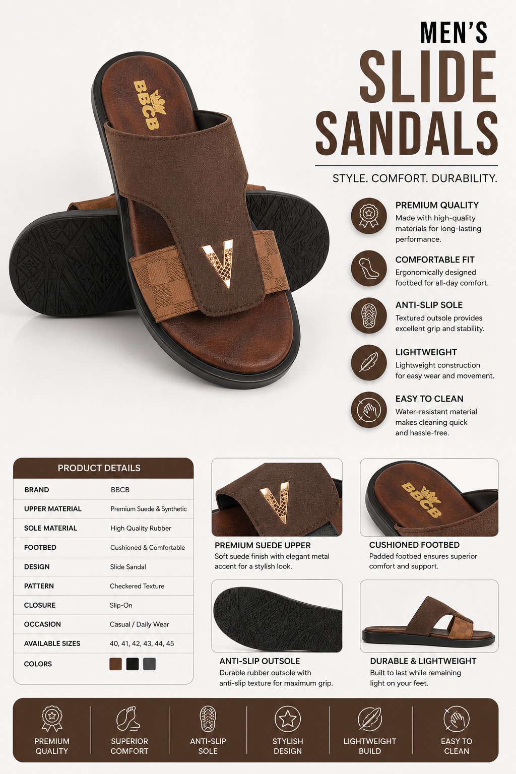 BBCB Premium Valentino Men's Suede Slide Sandals – Cushioned Footbed | Anti-Slip Rubber Sole | Lightweight Casual Slippers