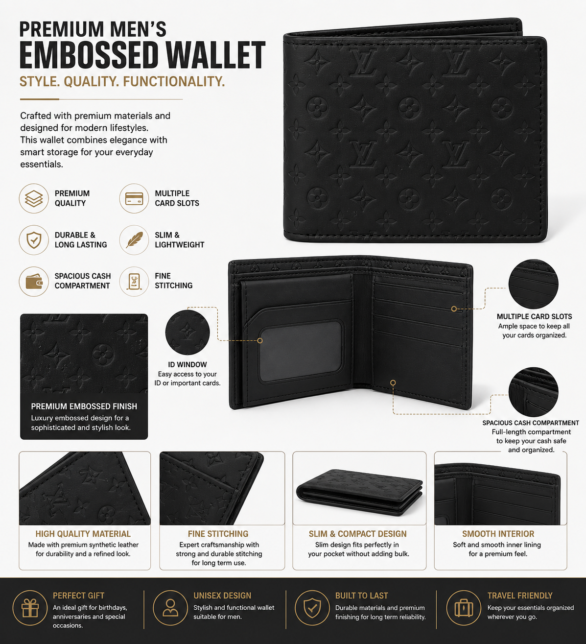 Premium Black Embossed Leather Bifold Wallet for Men – Slim Wallet with ID Window & Card Slots