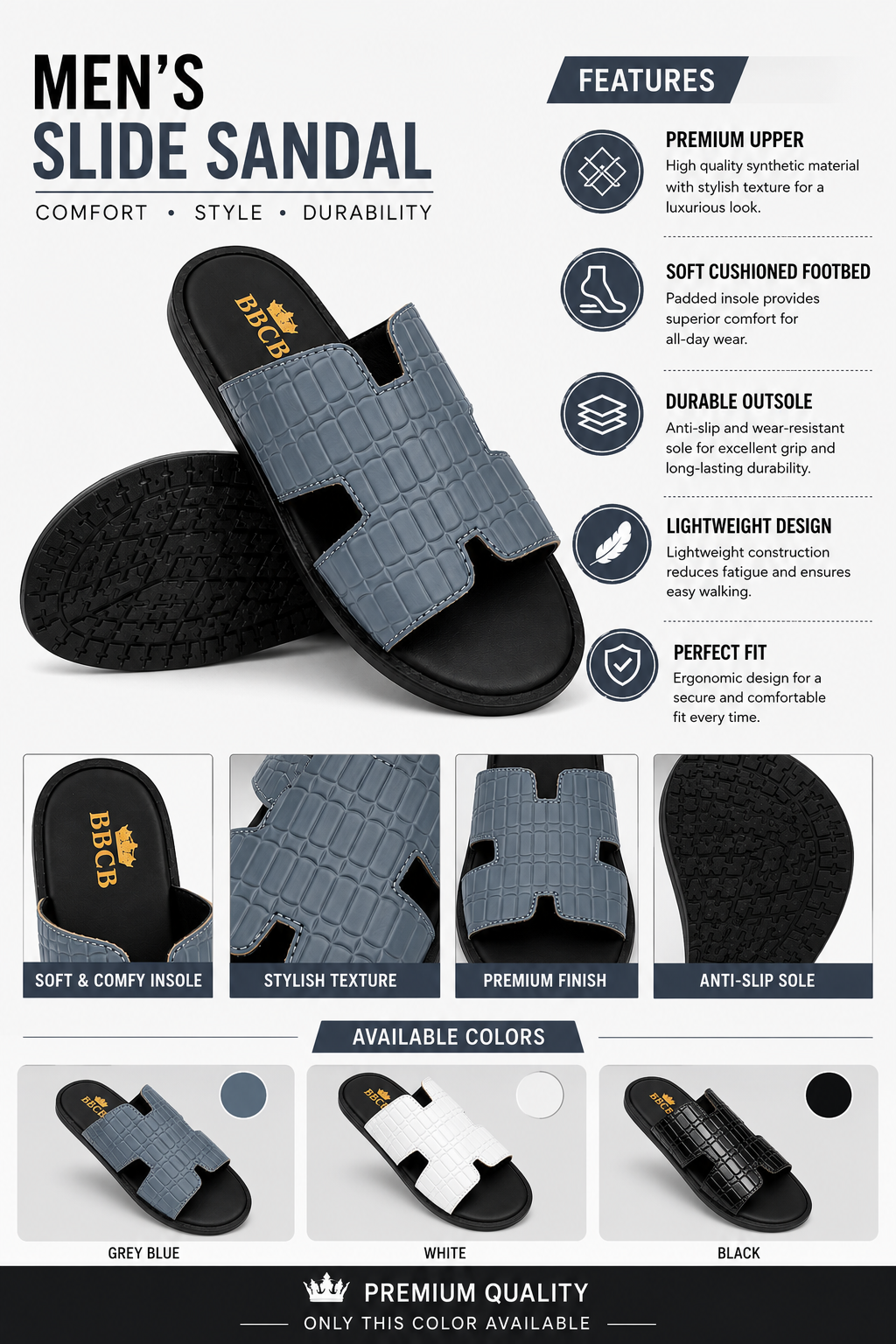 BBCB Premium Textured Slide Sandals for Men – Cushioned Slip-On Casual Slippers (Grey Blue)