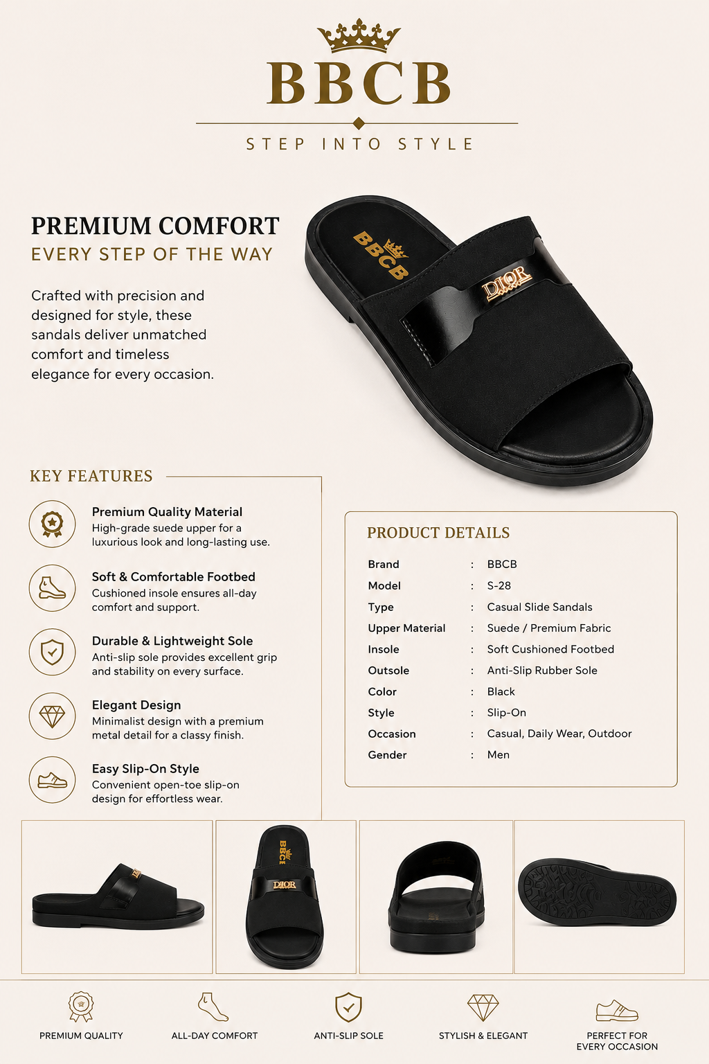 BBCB Men's Premium Black Slide Sandals | Comfortable Slip-On Casual Footwear